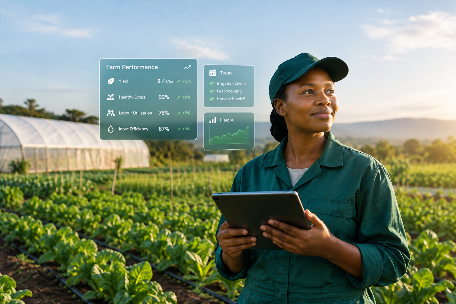 Farm manager reviewing farm operations using a tablet